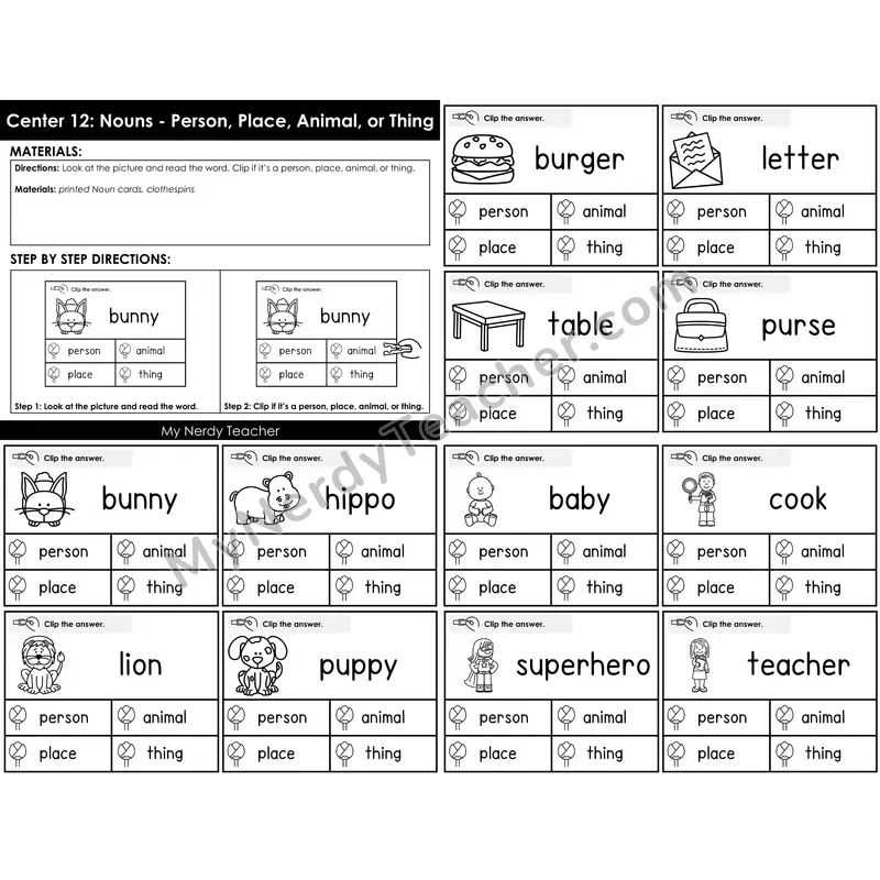 Morning Bins: Nouns Sort Clip Cards — Person, Place, Animal, or Thing