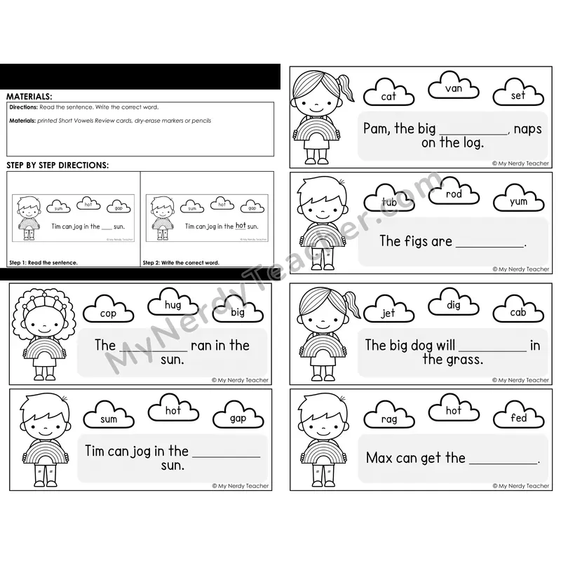 Morning Bins: Short Vowels Review Sentence Completion — Spring Rainbow Theme