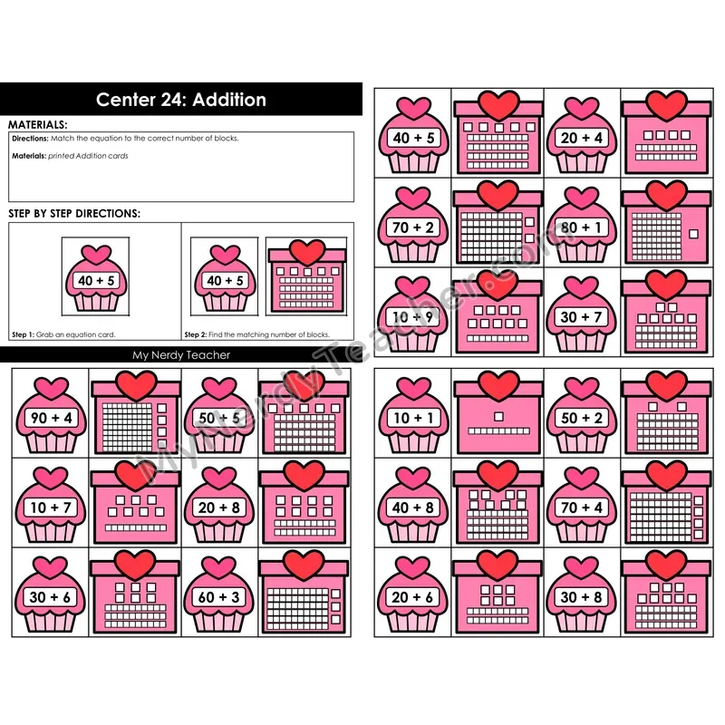 Morning Bins: Place Value Addition to 100 Match Cards — Valentine's Cupcake Theme