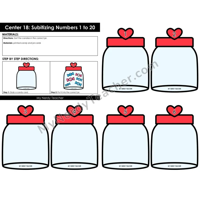 Morning Bins: Subitizing Numbers 1 to 20 Sort Cards — Valentine's Candy Jar Theme