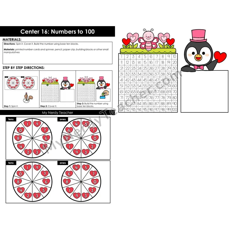 Morning Bins: Build Numbers to 100 with Tens and Ones Spinners — Valentine's Theme