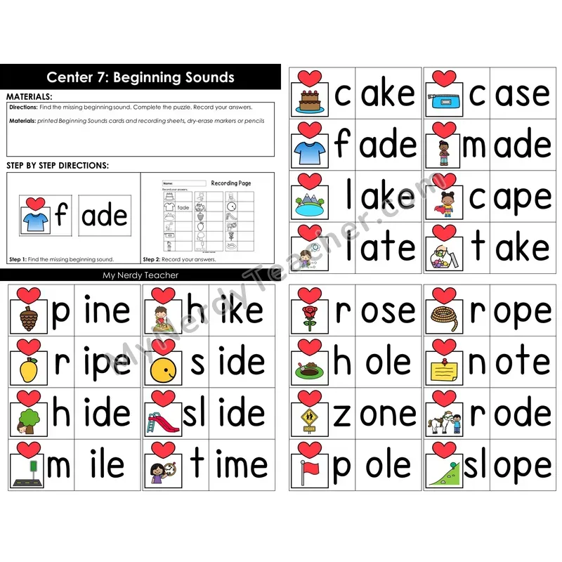 Morning Bins: Beginning Sounds CVCe Puzzle Cards — Valentine's Theme