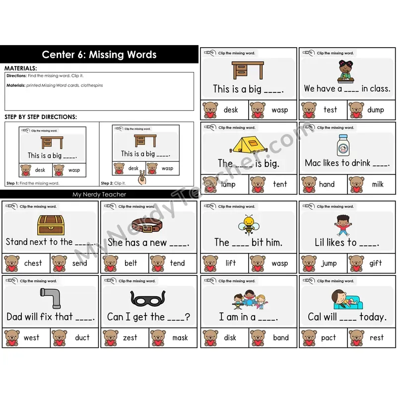 Morning Bins: Missing Word Clip Cards — Valentine's Bear Theme