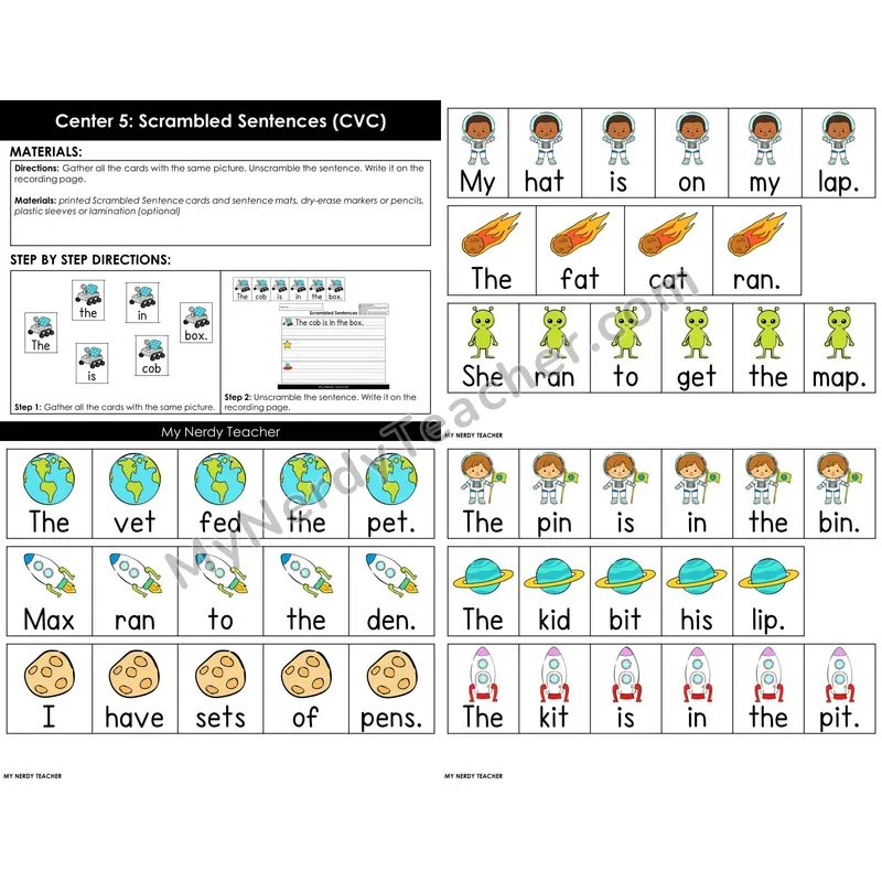 Morning Bins: Scrambled Sentences with CVC Words — Space Theme