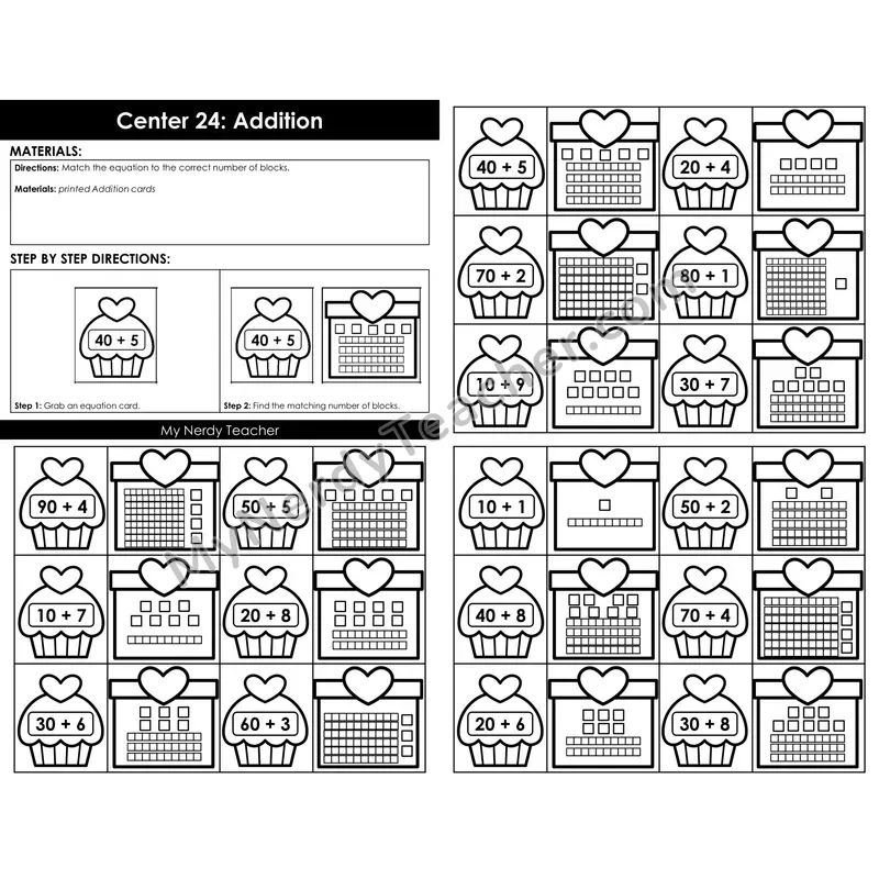 Morning Bins: Place Value Addition to 100 Match Cards — Valentine's Cupcake Theme