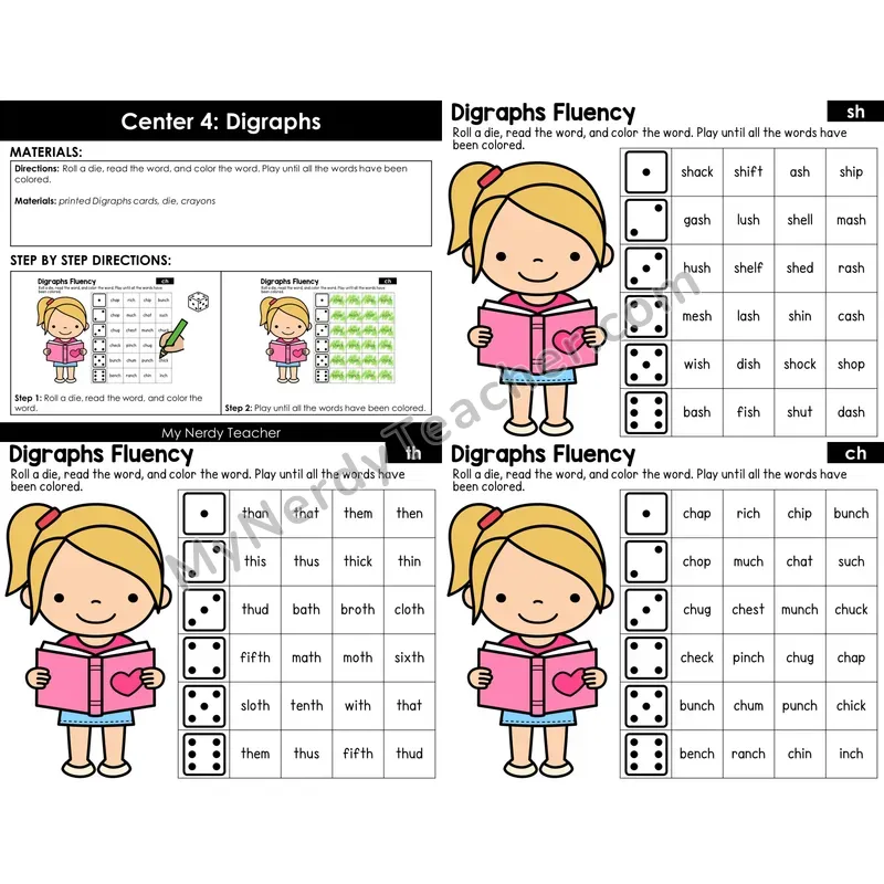 Morning Bins: Digraphs Roll and Read Fluency — Valentine's Theme (sh, ch, th)