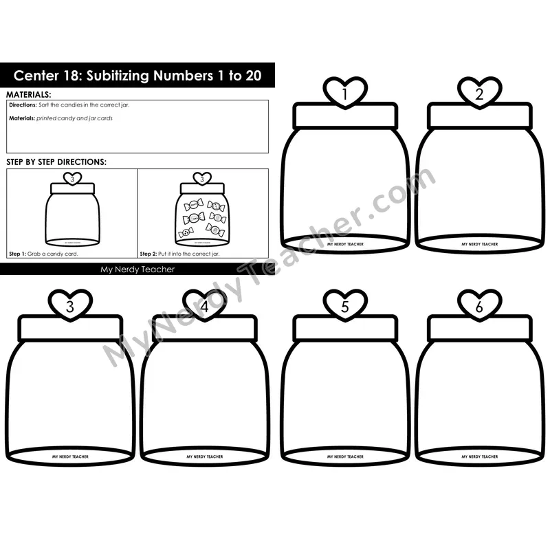 Morning Bins: Subitizing Numbers 1 to 20 Sort Cards — Valentine's Candy Jar Theme
