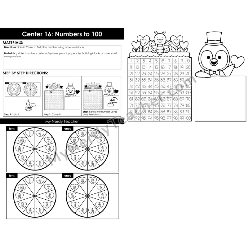 Morning Bins: Build Numbers to 100 with Tens and Ones Spinners — Valentine's Theme