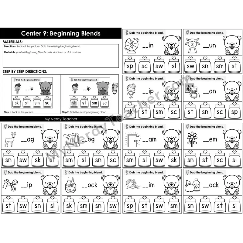 Morning Bins: Beginning S-Blends Dab Cards — Valentine's Bear Theme