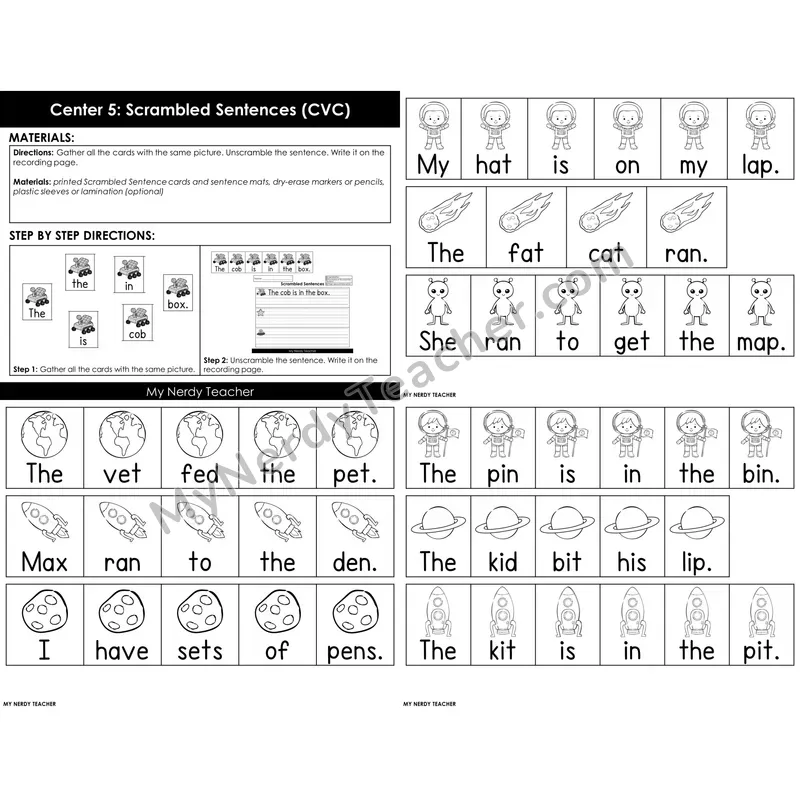Morning Bins: Scrambled Sentences with CVC Words — Space Theme