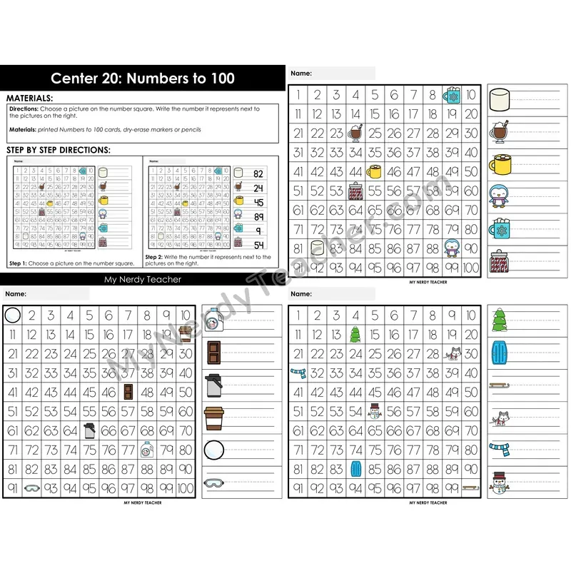 Morning Bins: Numbers to 100 Hundred Chart Cards — Winter Theme