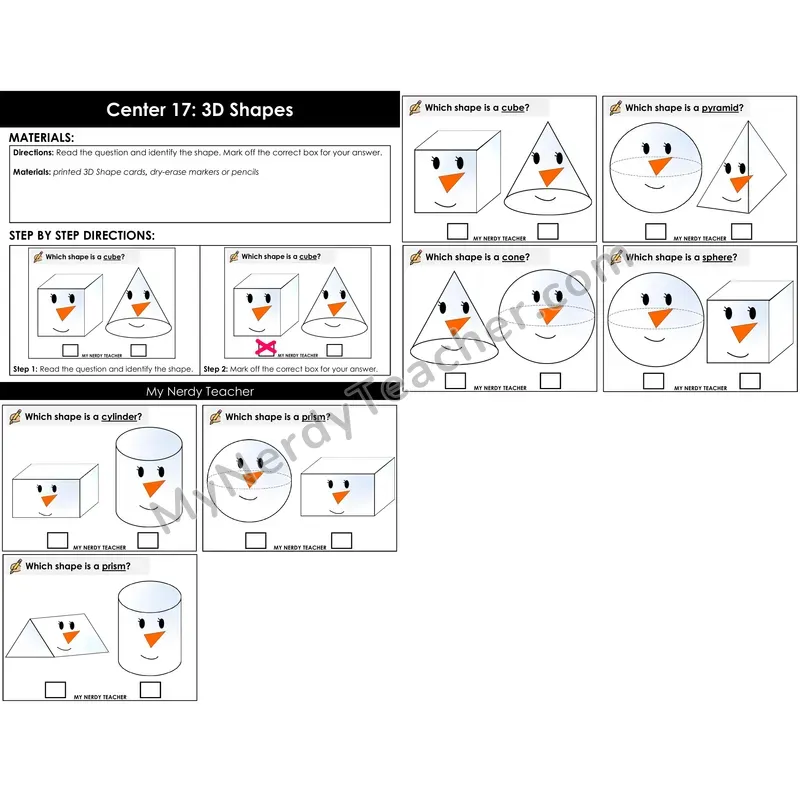 Morning Bins: 3D Shapes Identification Cards — Winter Snowman Theme