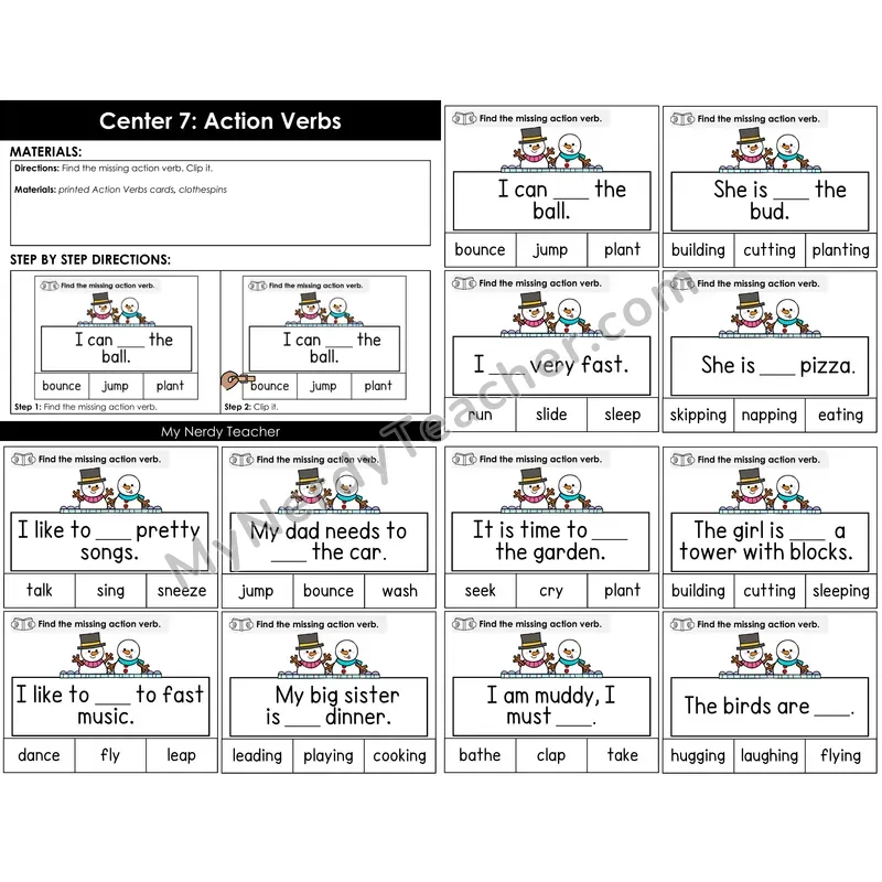 Morning Bins: Action Verbs Clip Cards — Winter Snowman Theme