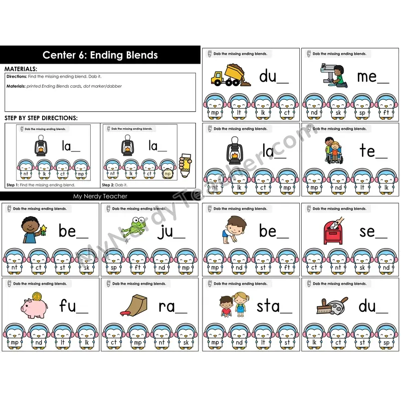 Morning Bins: Ending Blends Dab Cards — Winter Penguin Theme
