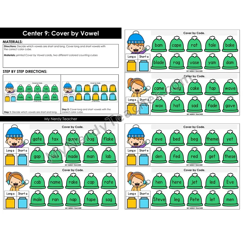 Morning Bins: Cover by Vowel Sort Cards — Winter Theme (Short vs Long a, e)