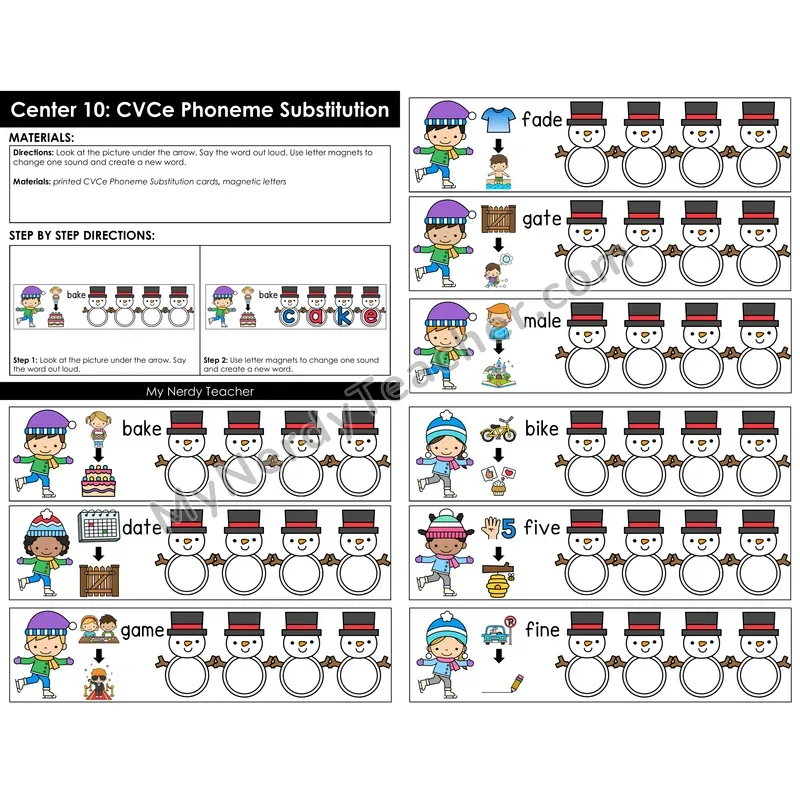 Morning Bins: CVCe Phoneme Substitution Cards — Winter Snowman Theme