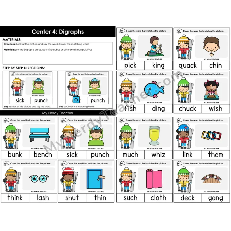 Morning Bins: Digraphs Picture Match Cards — Winter Theme (sh, ch, th, ck)