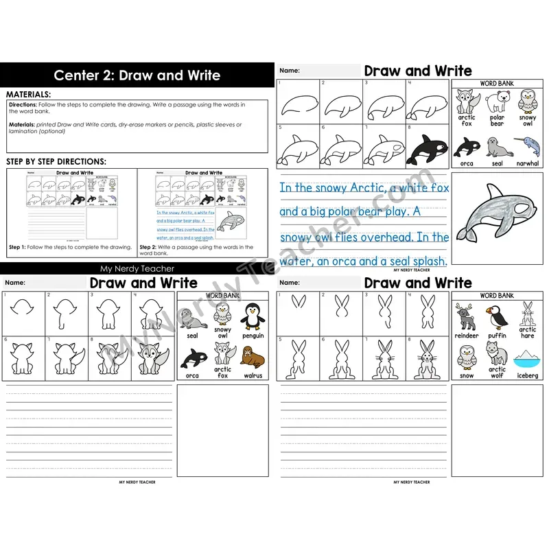 Morning Bins: Directed Drawing and Sentence Writing — Arctic Animals Winter Theme