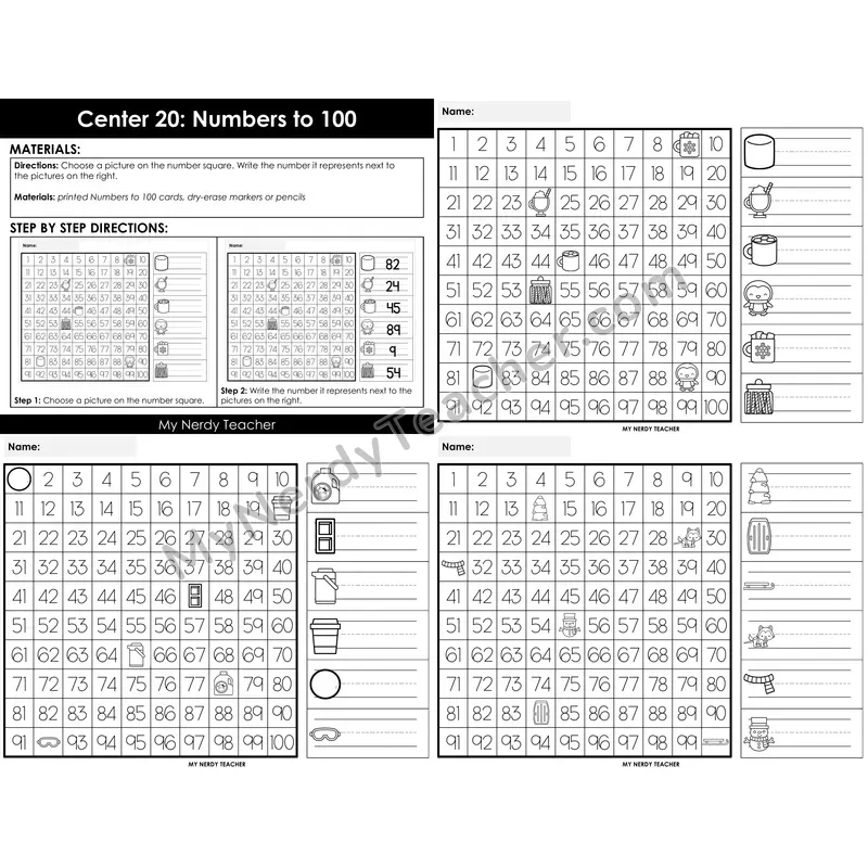 Morning Bins: Numbers to 100 Hundred Chart Cards — Winter Theme