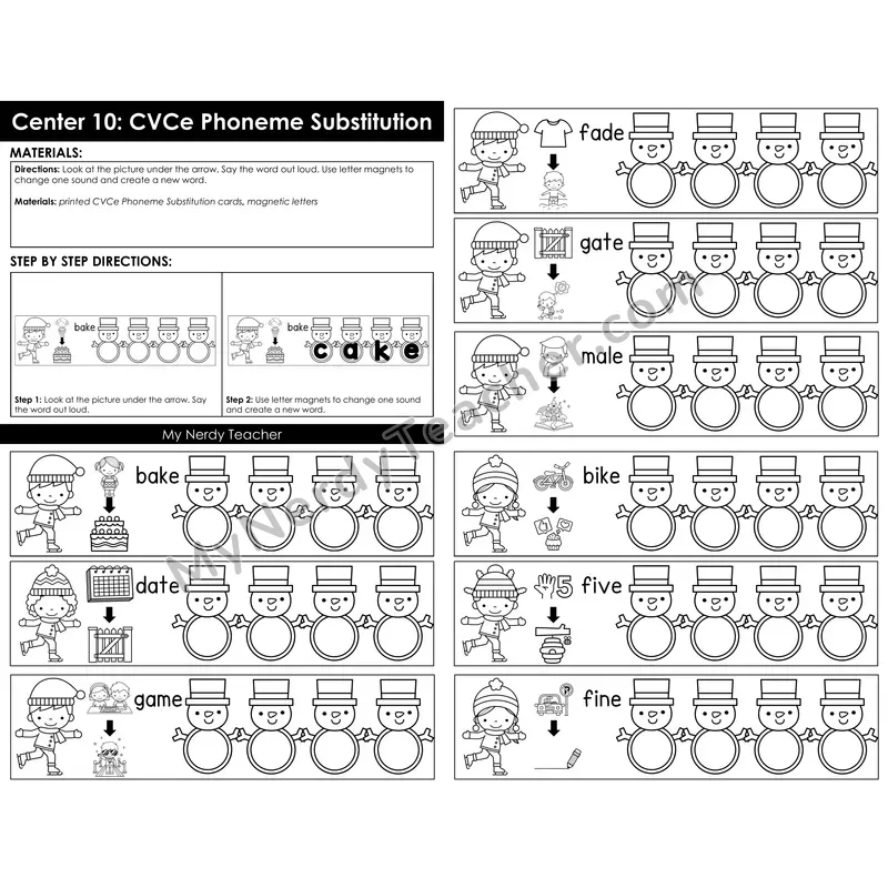 Morning Bins: CVCe Phoneme Substitution Cards — Winter Snowman Theme