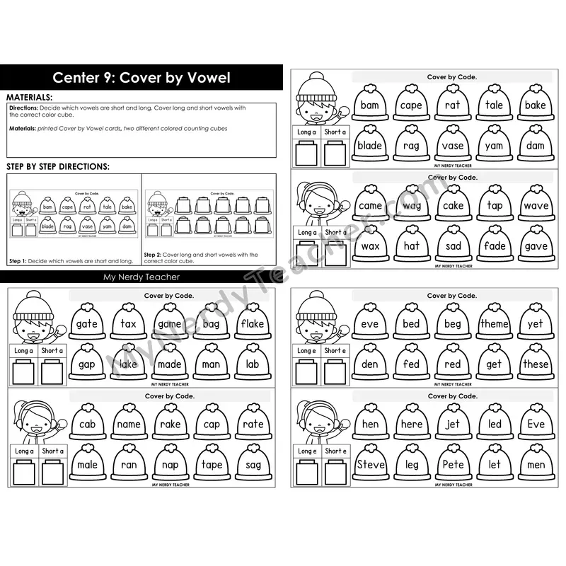 Morning Bins: Cover by Vowel Sort Cards — Winter Theme (Short vs Long a, e)