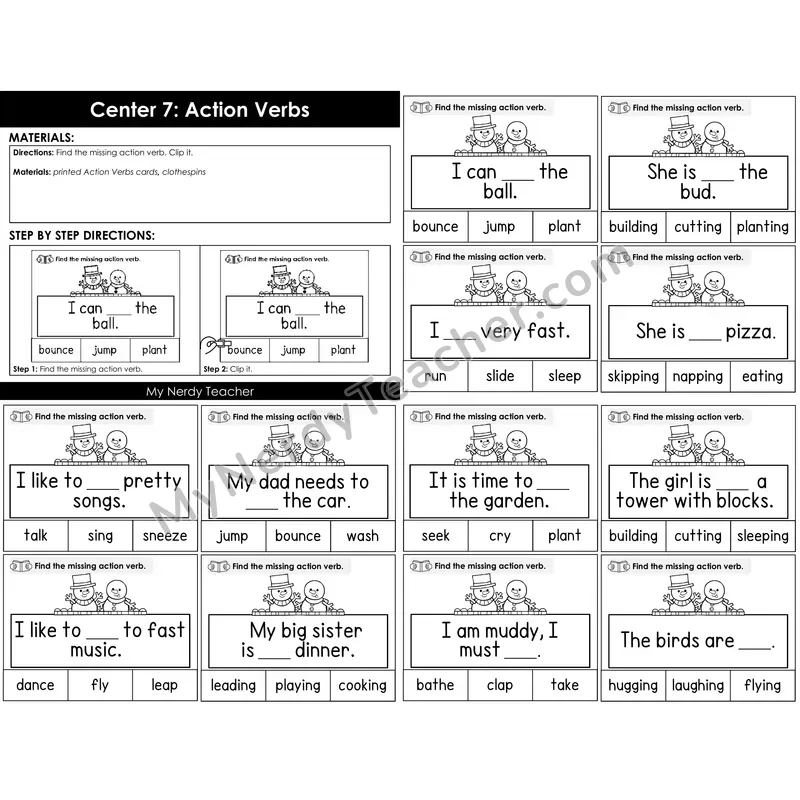 Morning Bins: Action Verbs Clip Cards — Winter Snowman Theme