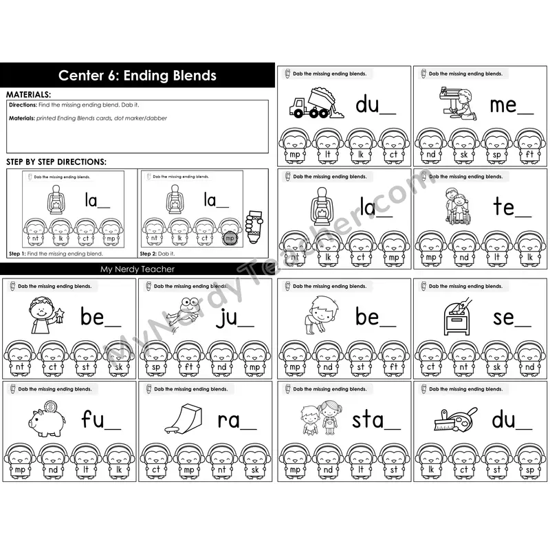 Morning Bins: Ending Blends Dab Cards — Winter Penguin Theme