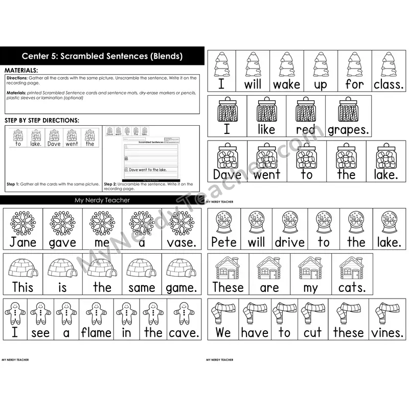Morning Bins: Scrambled Sentences with Consonant Blends — Winter Theme