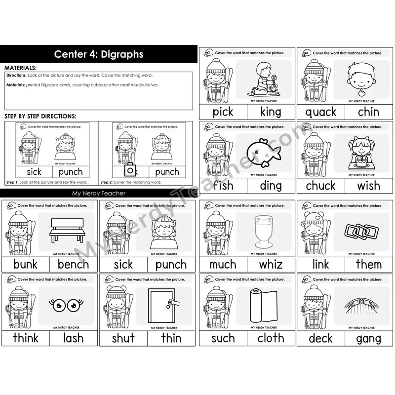 Morning Bins: Digraphs Picture Match Cards — Winter Theme (sh, ch, th, ck)