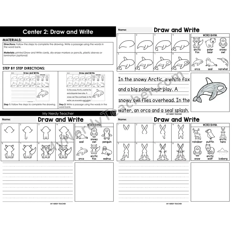 Morning Bins: Directed Drawing and Sentence Writing — Arctic Animals Winter Theme
