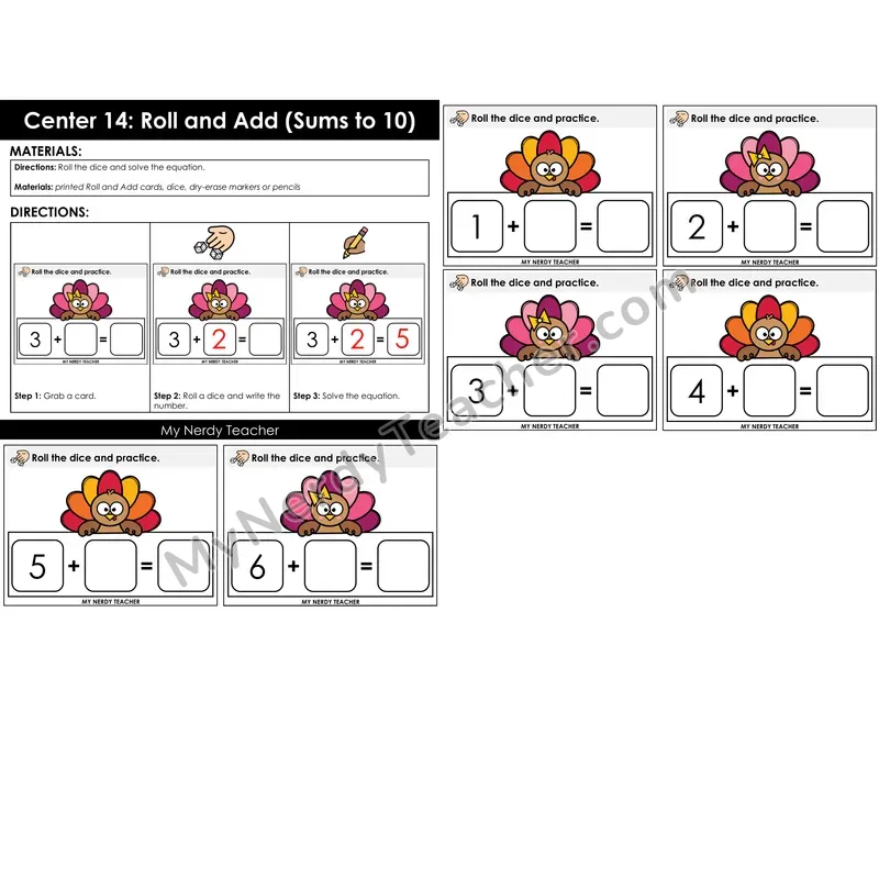 Morning Bins: Roll and Add Dice Addition to 10 Cards — Fall Turkey Theme