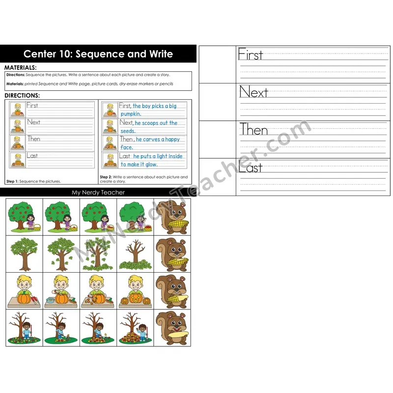 Morning Bins: Sequence and Write Story Cards — Fall Pumpkin Theme (First, Next, Then, Last)