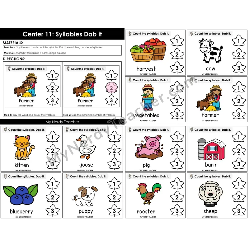 Morning Bins: Syllables Dab It Cards — Fall Farm Theme
