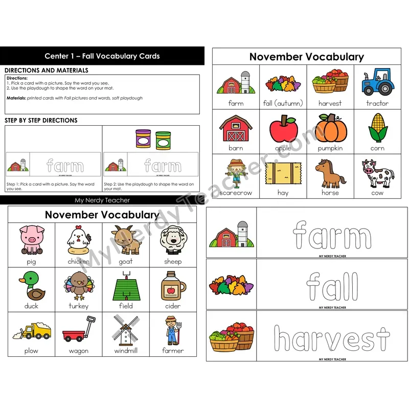 Morning Bins: November Fall Farm Vocabulary Word Building Cards