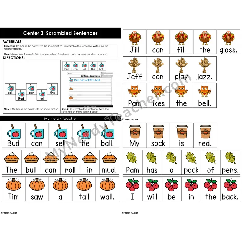 Morning Bins: Scrambled Sentences Build and Write Cards — Fall Theme