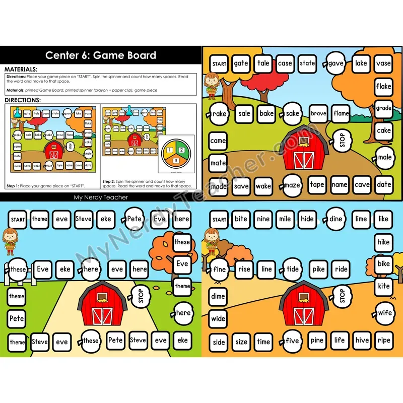 Morning Bins: CVCe Game Boards — Spin and Read Long Vowels (Fall Farm Theme)