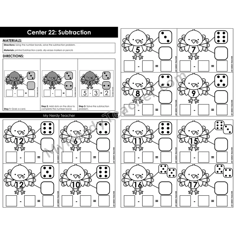 Morning Bins: Subtraction Number Bonds Dice Cards — Fall Turkey Theme