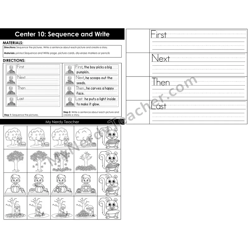 Morning Bins: Sequence and Write Story Cards — Fall Pumpkin Theme (First, Next, Then, Last)