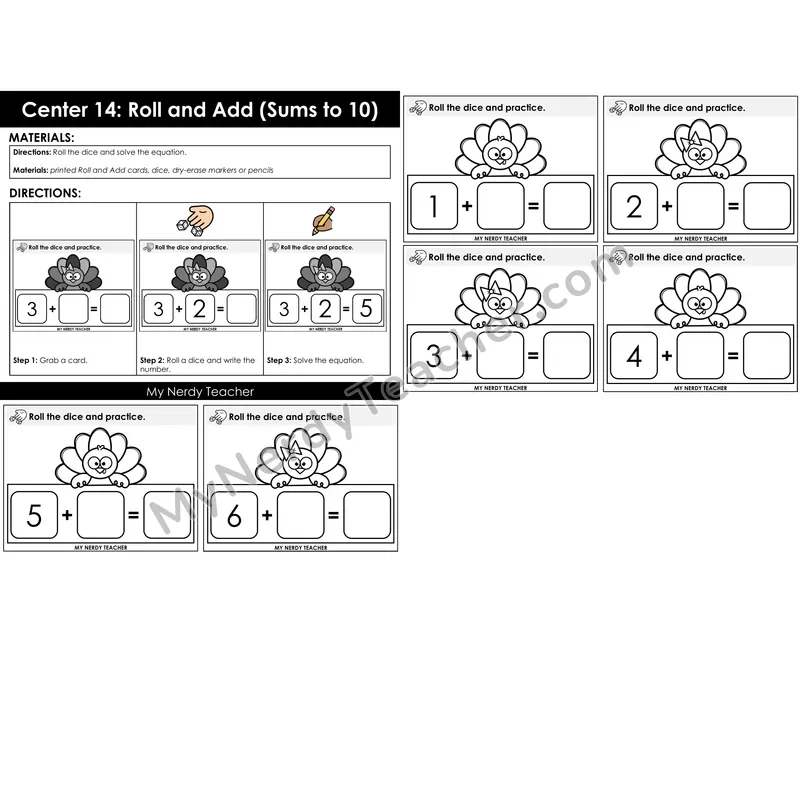 Morning Bins: Roll and Add Dice Addition to 10 Cards — Fall Turkey Theme