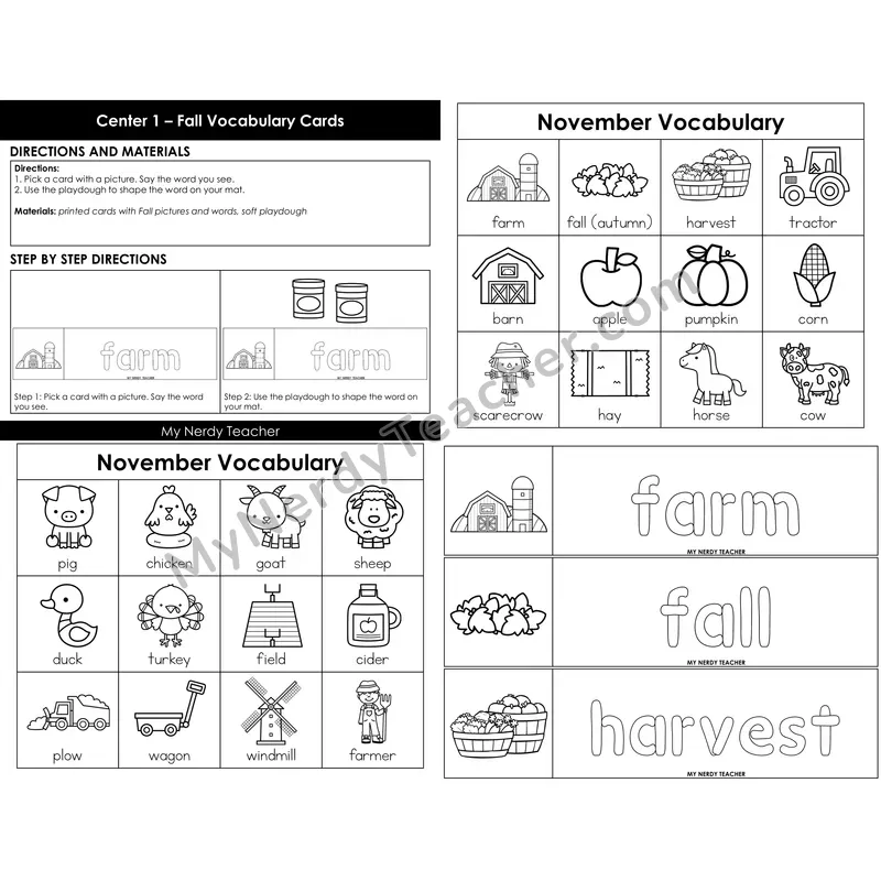 Morning Bins: November Fall Farm Vocabulary Word Building Cards