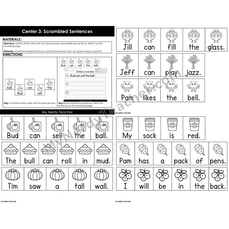 Morning Bins: Scrambled Sentences Build and Write Cards — Fall Theme