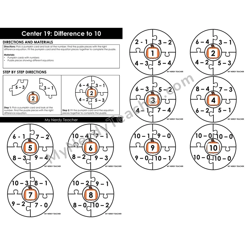Morning Bins: Subtraction Difference Puzzle Cards — Fall Pumpkin Theme