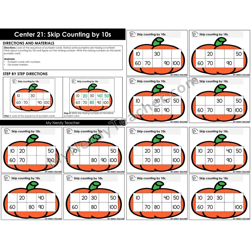 Morning Bins: Skip Counting by 10s Missing Numbers — Fall Pumpkin Theme