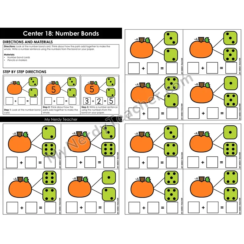 Morning Bins: Number Bonds Addition Cards — Fall Pumpkin Dice Theme