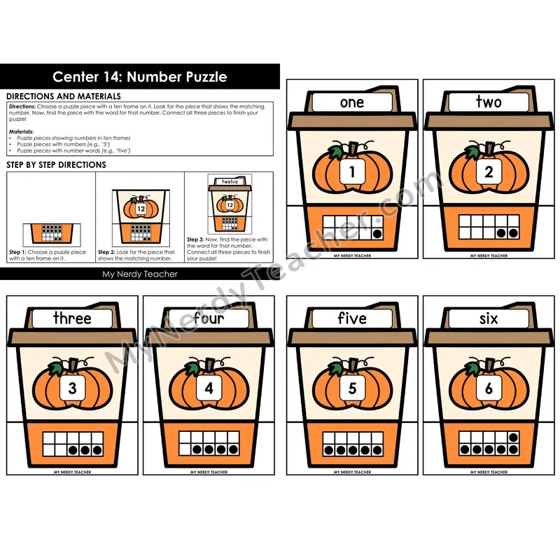 Morning Bins: Number Puzzle Match Ten Frames and Number Words — Fall Pumpkin Theme