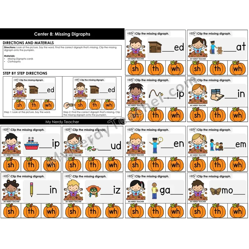 Morning Bins: Missing Digraphs Clip Cards — Fall Pumpkin Theme (sh, th, wh)