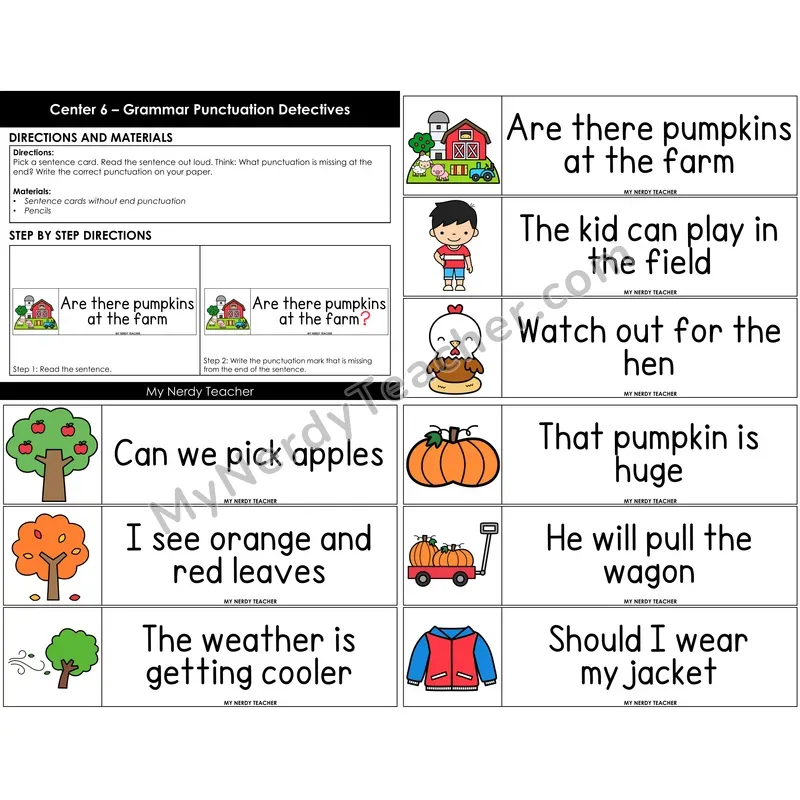 Morning Bins: End Punctuation Detectives Cards — Fall Theme