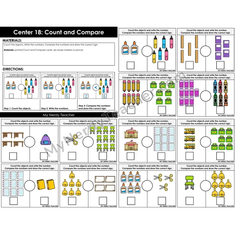 Morning Bins: Count and Compare Numbers Cards — Back to School Supplies Theme