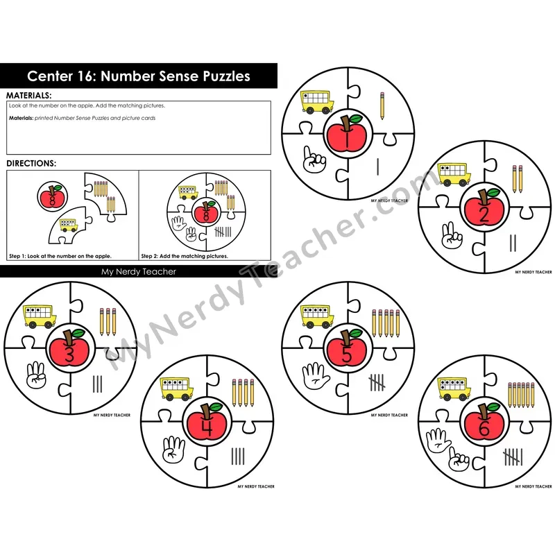 Morning Bins: Number Sense Puzzle Cards — Back to School Apple Theme (1-6)