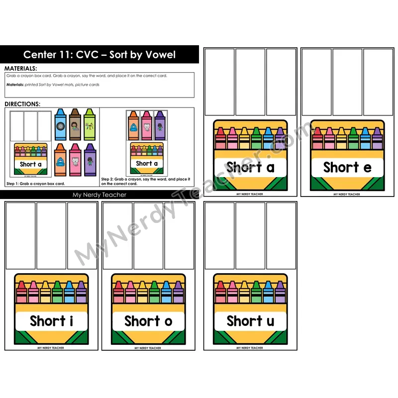 Morning Bins: CVC Words Sort by Short Vowel — Back to School Crayon Theme